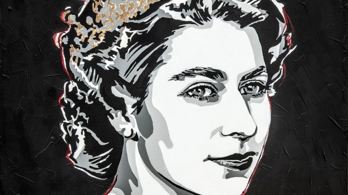 Vincent Vee, The Queen Elizabeth II - Black, 2022, acrilico su tela con foglia d'oro, 76x76 cm. Courtesy Agostino Art Gallery